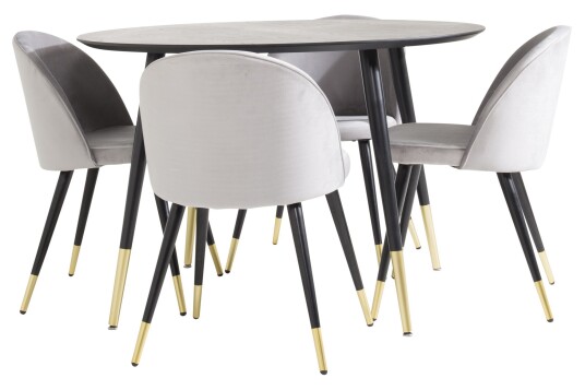 Venture Home Dipp Spisegruppe 115 cm Rund med 4 Velvet Stoler Sort/Guld