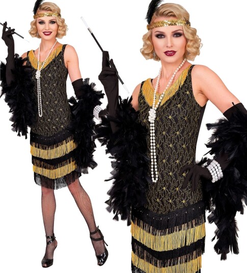 Deluxe Roaring 20's Gatsby Flapper Svart og Gullfarget Flapperkjole til Dame X-Large Voksenkostyme 13714