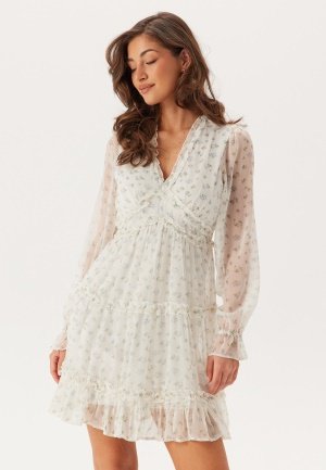 VERO MODA Vmsmilla LS frill short dress Bright White AOP:Josefine XL