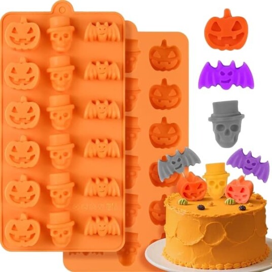 2 STK Halloween Silikonformer med Gresskar-, Hodeskalle-, Flaggermusdesign - Allsidige Former for Sjokolade, Godteri, Gelé, Isbiter, Kjeks, Gummi