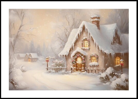 Snowy Cottage at Dusk Poster Plakat / 50x70cm