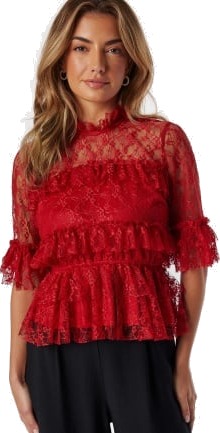 BUBBLEROOM Frill Lace Blouse Red 38