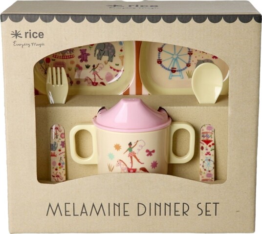 Rice Pink Fun Fair Print Melamine Baby Dinner Sett In Gift Box 4 Pcs