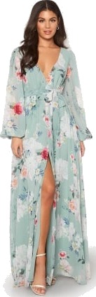 Goddiva Floral Long Sleeve Chiffon Maxi Dress Green XXS (UK6)