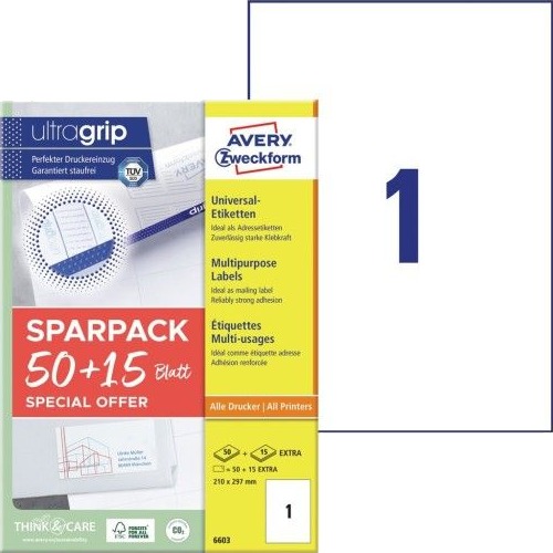 Universaletiketter Avery 210X297 Mm Hvid Med Ultragrip +30% Ekstra Indhold   65 Ark