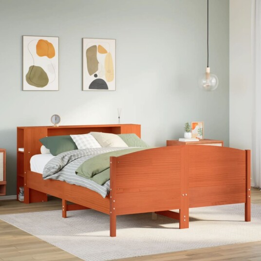  Seng med bokhylle uten madrass voksbrun 140x200 cm heltre furu 8721158618542