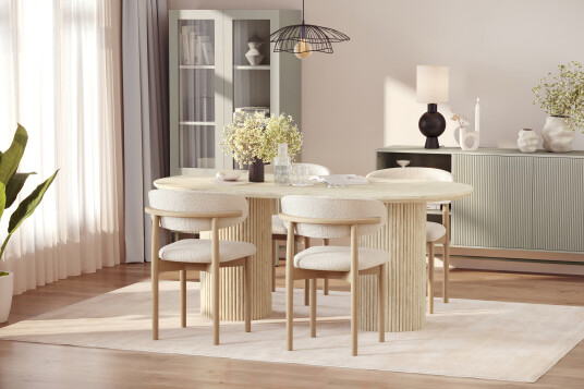 Scandinavian Choice Uppveda Spisebord med travertin look med 4 stk Jaiveer Spisestoler Beige Scandinavian Choice Uppveda Spisebord med travertin look med 4 stk Jaiveer Spisestoler Beige