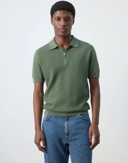 Mango Openwork Knitted Polo Shirt With Zip Green XL Mango Openwork Knitted Polo Shirt With Zip Green XL