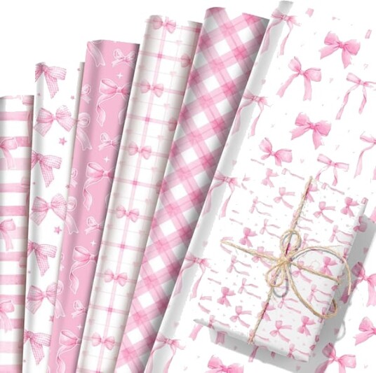 12 ark rosa sløyfe gavepapir, søtt rosa gavepapir, DIY håndverk, vakkert gavepapir til bursdager og Valentinsdag.