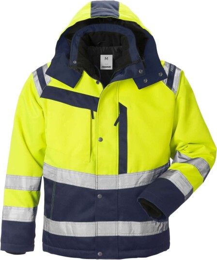 Fristads 4043 PP Vinterjakke Klasse 3 Varselgul/marineblå med Avtakbar Hette 3XL Fristads 4043 PP Vinterjakke Klasse 3 Varselgul/marineblå med Avtakbar Hette 3XL