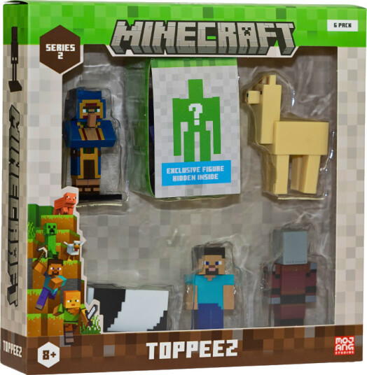 Minecraft Figur S2 Toppeez 6 stk 6 cm Traveling Merchant Llama Panda Steve Pillager og Overraskelse 145462