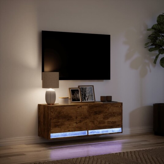 Vegghengt TV-benk med LED røkt eik 100x31x35 cm 852366 Vegghengt TV-benk med LED røkt eik 100x31x35 cm 852366