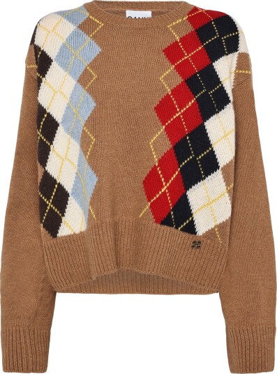 Ganni Argyle Knit Crew Neck Sweater Brown M