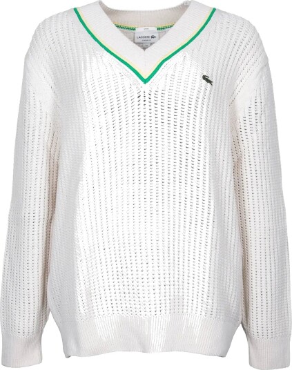 Lacoste V Neck Striped Tennis Sweater   Cream   S