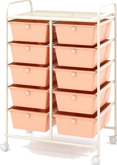 Rosa rullevogn med 10 stablebare skuffer – metallramme