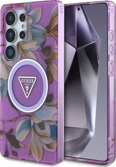 GUESS Glitter Flowers Triangle Buttons MagSafe case for Samsung Galaxy S25 Ultra - purple