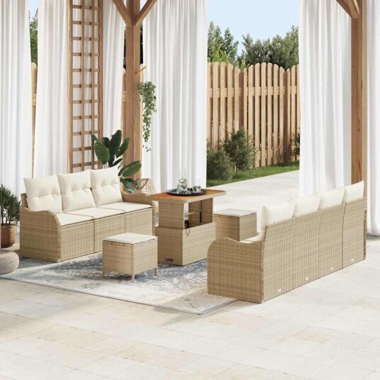 10-delt hagesofa-sett med puter i beige laget av poly-rotting og akacia.