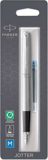 Parker Jotter Fountain Pen  Stainless Steel with Chrome Trim  Medium Nib Blå Ink  Blister Pack