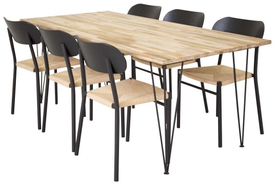 Venture Design Bali & Polly spisegruppe Natur/svart 6 st stoler & bord 200 x 90 cm