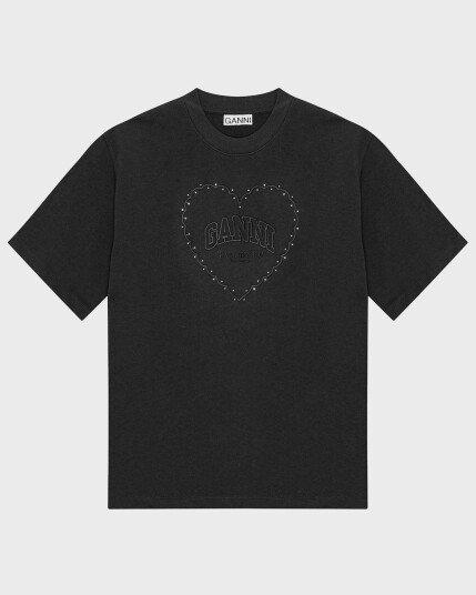 GANNI Cotton T Shirt Embellished Graphic Print Black S
