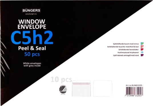 B??ngers C5 Konvolutt Peel & Seal med H2 vindu 50 stk. B??ngers C5 Konvolutt Peel & Seal med H2 vindu 50 stk.