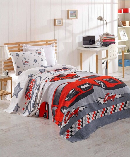 Eponj Home Sengeteppe Enkelt 160x235 cm Hvit/Grå/Rød