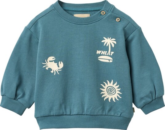 Wheat Collegegenser Elliot Blue Teal m. Trykk Wheat 1 år 80 Collegegenser Blå