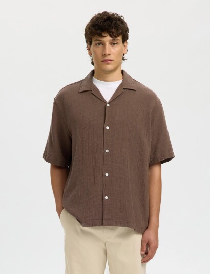 Selected Slhrlxcal Ss Shirt Resort   Brown   XXL
