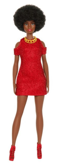 Barbie Fashionistas #221 dukke med vakre krøller rød kjole og tilbehør