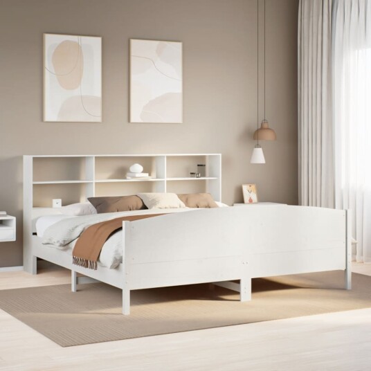 Seng med bokhylle uten madrass hvit 180x200 cm heltre furu 8721158618832 Seng med bokhylle uten madrass hvit 180x200 cm heltre furu 8721158618832
