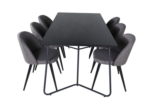 Venture Home Petra Spisegruppe 190 cm Rektangulær med 6 Velvet Stoler Sort