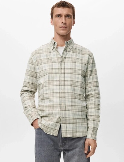 Mango 100% Cotton Flannel Checkered Shirt   Cream   XXL