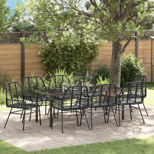 9-delt Hage Spisebord Svart Poly Rattan