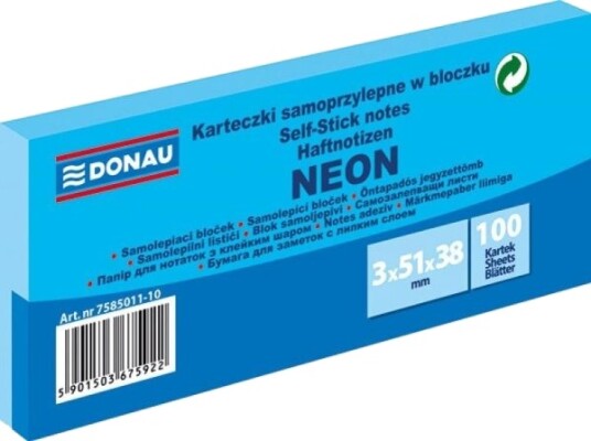 Donau Bloczek Selvklebende 38X51 Mm 100K Neonblå 3 Stk 7585011 10