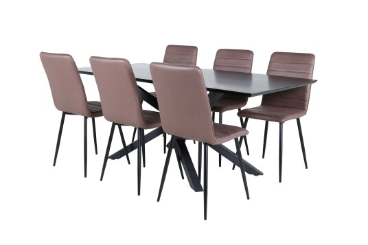 Venture Design Piazza & Windu spisegruppe Brun/svart 6 stoler & bord 180 x 90 cm