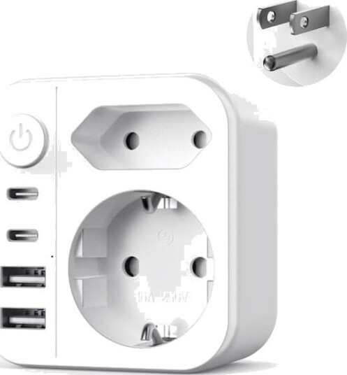 Kompakt 6-i-1 reiseadapter for USA, 2 USB-C- og 2 USB-A-porter, hurtiglading
