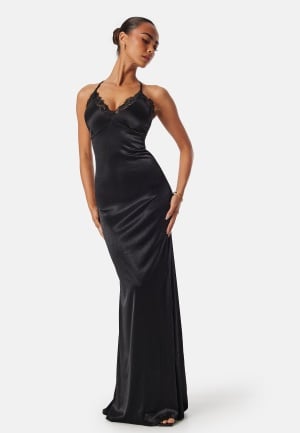 Goddiva Satin Lace Trim Maxi Dress Black XL UK16 Goddiva Satin Lace Trim Maxi Dress Black XL UK16