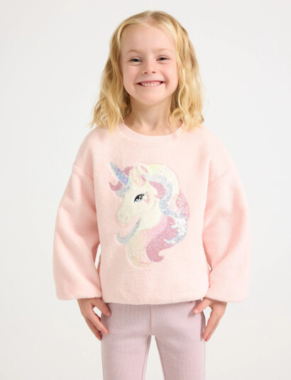 Lindex Sweater Pile Unicorn Sequins Pink 128
