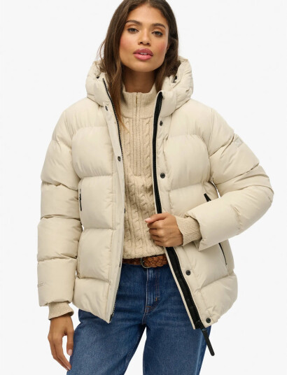 Superdry Hooded 5 Baffle Sports Puffer - Cream - XS