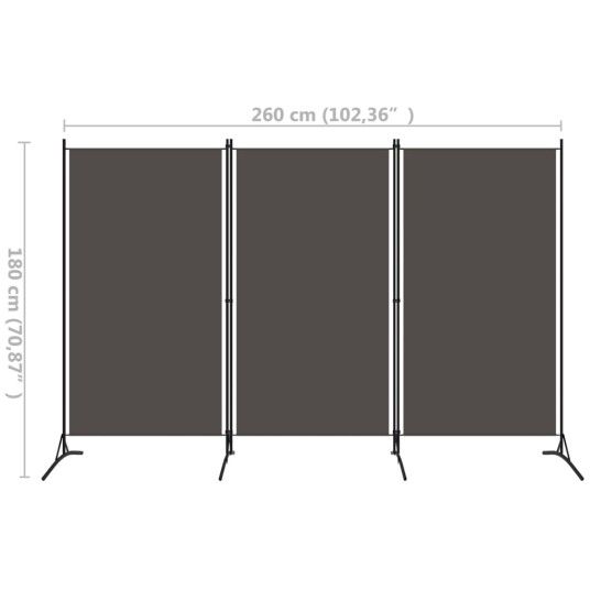 vidaXL Romdeler 3 paneler antrasitt 260x180 cm
