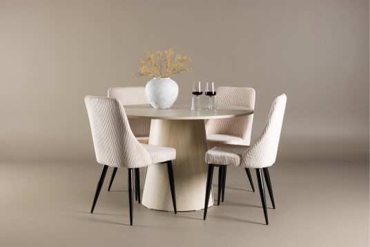 Lanzo Spisegruppe 120 cm Rund med 4 Leone stoler   Whitewash/Beige