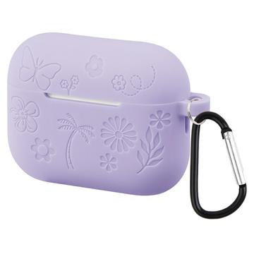 AirPods Pro 3 Etui i flytende silikon med karabinkrok og blomstermønster lys lilla AirPods Pro 3 Etui i flytende silikon med karabinkrok og blomstermønster lys lilla