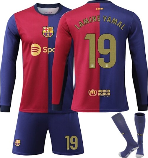 Barcelona Hjemmedrakt Nr. 19 Lamine Yamal Lang Ermet Fotballtrøye Barn Fotballsett 24 25