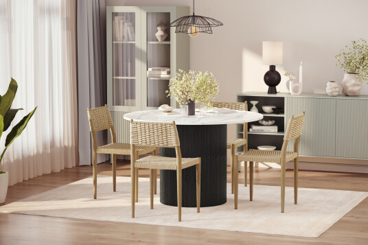 Scandinavian Choice Uppveda Spisebord 120 cm Rund med 4 stk Jamna Matstkolar Svart/Hvit