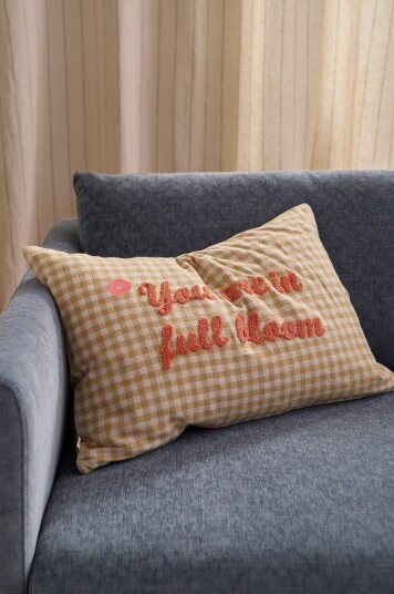 Ellos Home Putetrekk Elly Check Cushioncover i resirkulert halvlinne Gul