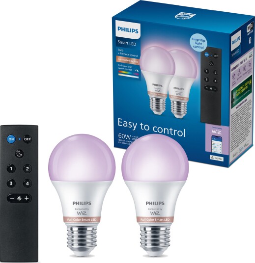 Philips Smart LED E27 60W RGB Lyspærer med Dimmerbryter - 2-pakning