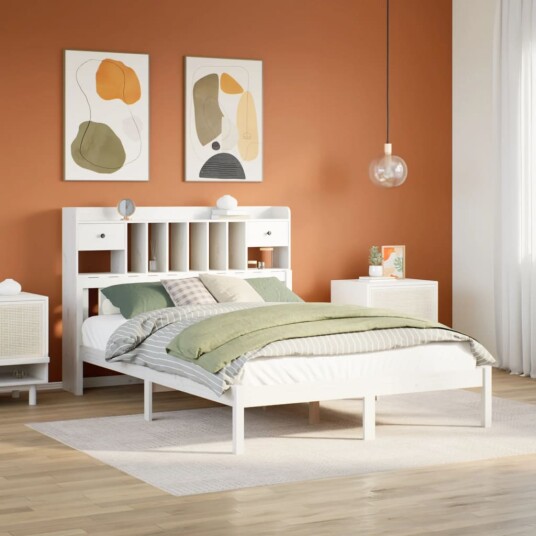 Seng med bokhylle uten madrass hvit 150x200 cm heltre furu 8721158611314