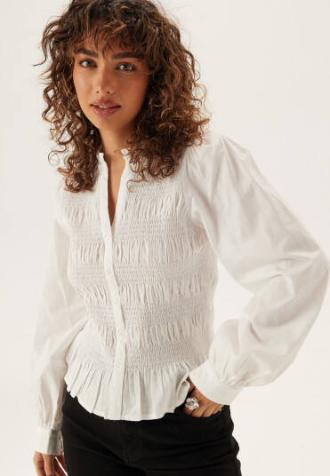 Bubbleroom V-Neck Cotton Smock Blouse White L