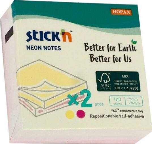 Notatblokk Fsc 76X76, 100 Ark, 2 Pakker, Assortert, Neonfarger, Kartongomslag