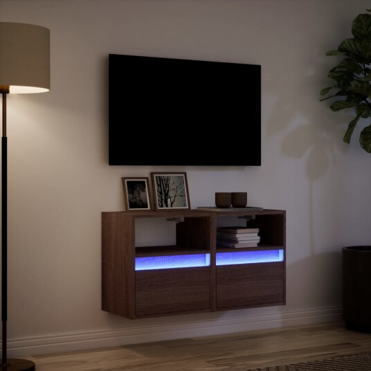 Vegghengte TV-benker med LED 2 stk brun eik 41x31x45 cm 852326 Vegghengte TV-benker med LED 2 stk brun eik 41x31x45 cm 852326